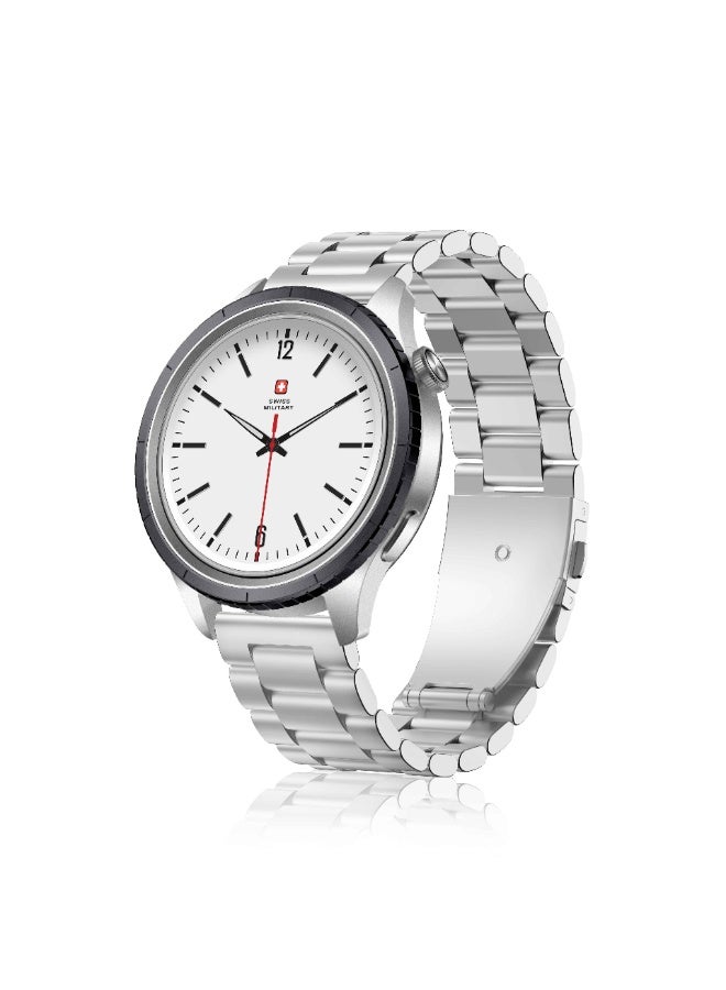 SWISS MILITARY DOM8 Smartwatch, 1.43” AMOLED Display, Bluetooth Calling, Silver Metal Strap + Extra Silicone Strap, IP67, Health Tracking, Multi-Sport, Wireless Charging, iOS & Android (Black Ring)